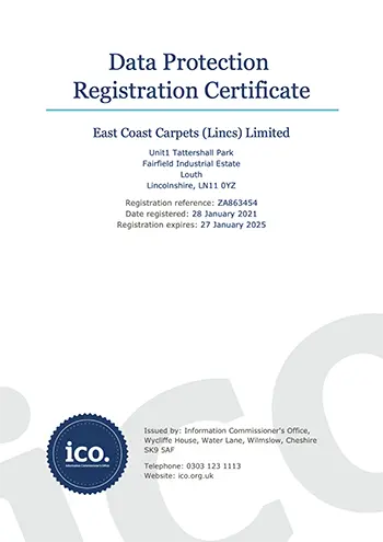 East Coast Carpets Data Protection Registration Certificate